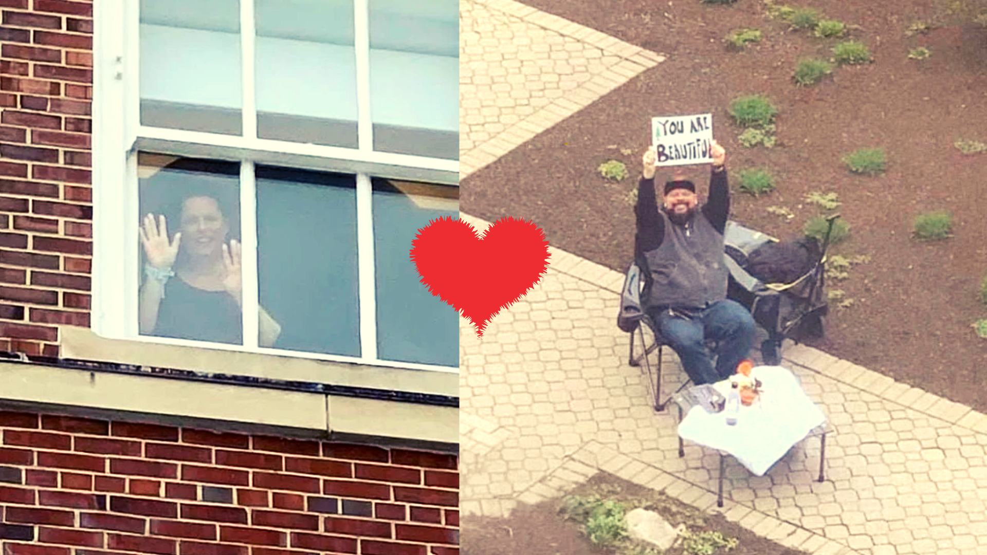 Tienen cita por la ventana del hospital y la sorprende con letreros de amor